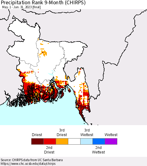 Bangladesh Precipitation Rank since 1981, 9-Month (CHIRPS) Thematic Map For 5/1/2022 - 1/31/2023