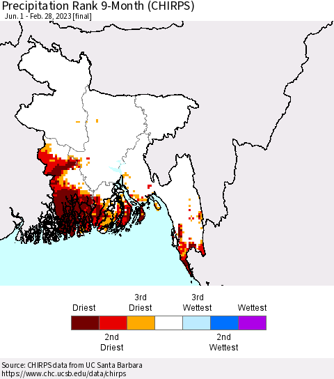 Bangladesh Precipitation Rank since 1981, 9-Month (CHIRPS) Thematic Map For 6/1/2022 - 2/28/2023