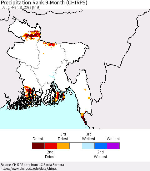 Bangladesh Precipitation Rank since 1981, 9-Month (CHIRPS) Thematic Map For 7/1/2022 - 3/31/2023