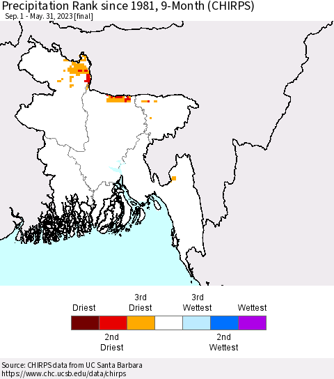 Bangladesh Precipitation Rank since 1981, 9-Month (CHIRPS) Thematic Map For 9/1/2022 - 5/31/2023