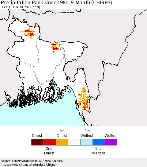 Bangladesh Precipitation Rank since 1981, 9-Month (CHIRPS) Thematic Map For 10/1/2022 - 6/30/2023