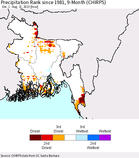 Bangladesh Precipitation Rank since 1981, 9-Month (CHIRPS) Thematic Map For 12/1/2022 - 8/31/2023