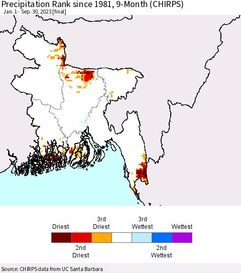 Bangladesh Precipitation Rank since 1981, 9-Month (CHIRPS) Thematic Map For 1/1/2023 - 9/30/2023