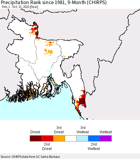 Bangladesh Precipitation Rank since 1981, 9-Month (CHIRPS) Thematic Map For 2/1/2023 - 10/31/2023