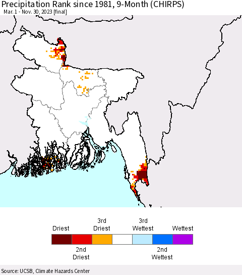 Bangladesh Precipitation Rank since 1981, 9-Month (CHIRPS) Thematic Map For 3/1/2023 - 11/30/2023
