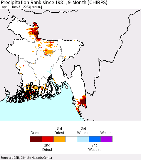 Bangladesh Precipitation Rank since 1981, 9-Month (CHIRPS) Thematic Map For 4/1/2023 - 12/31/2023