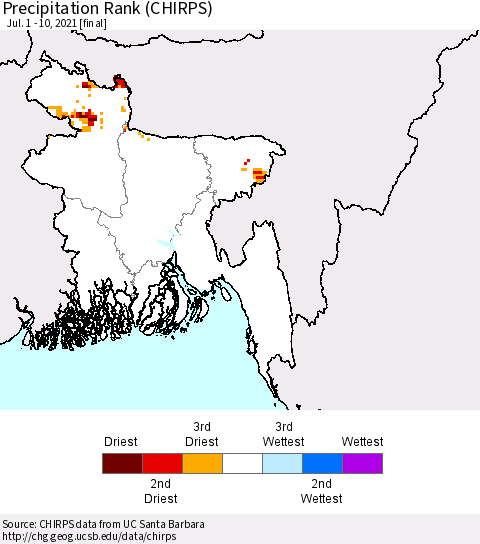 Bangladesh Precipitation Rank since 1981 (CHIRPS) Thematic Map For 7/1/2021 - 7/10/2021