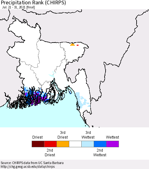 Bangladesh Precipitation Rank since 1981 (CHIRPS) Thematic Map For 7/21/2021 - 7/31/2021