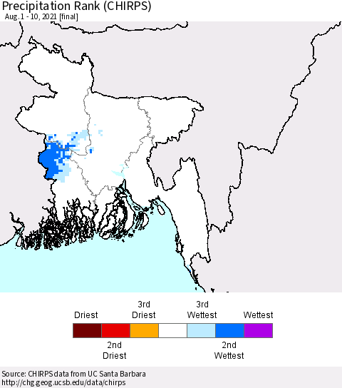Bangladesh Precipitation Rank since 1981 (CHIRPS) Thematic Map For 8/1/2021 - 8/10/2021
