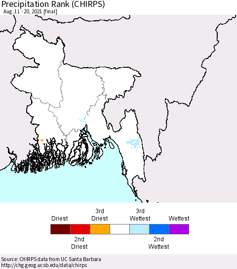 Bangladesh Precipitation Rank since 1981 (CHIRPS) Thematic Map For 8/11/2021 - 8/20/2021