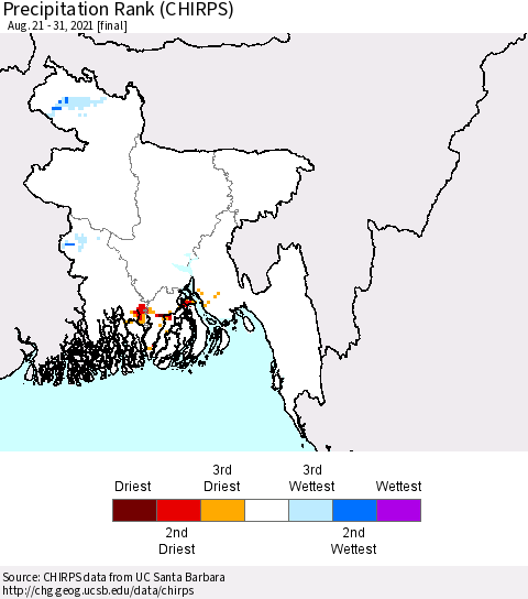 Bangladesh Precipitation Rank since 1981 (CHIRPS) Thematic Map For 8/21/2021 - 8/31/2021