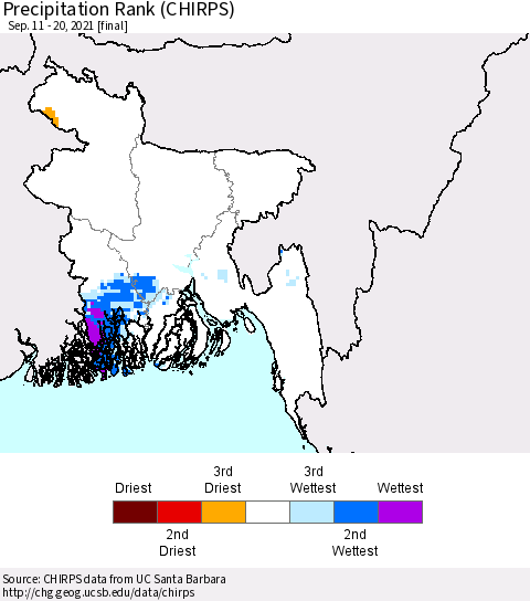 Bangladesh Precipitation Rank since 1981 (CHIRPS) Thematic Map For 9/11/2021 - 9/20/2021
