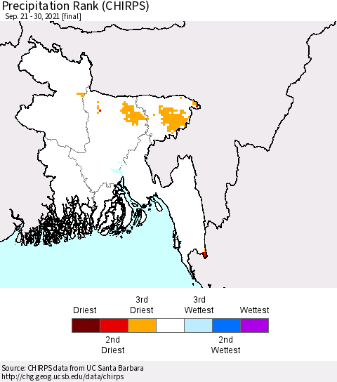 Bangladesh Precipitation Rank since 1981 (CHIRPS) Thematic Map For 9/21/2021 - 9/30/2021