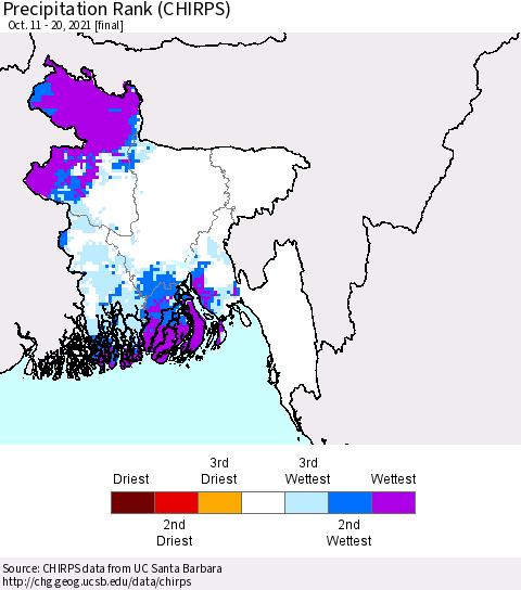 Bangladesh Precipitation Rank since 1981 (CHIRPS) Thematic Map For 10/11/2021 - 10/20/2021