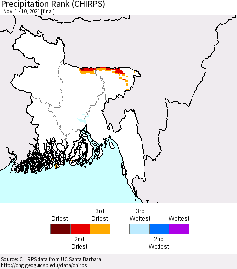 Bangladesh Precipitation Rank since 1981 (CHIRPS) Thematic Map For 11/1/2021 - 11/10/2021