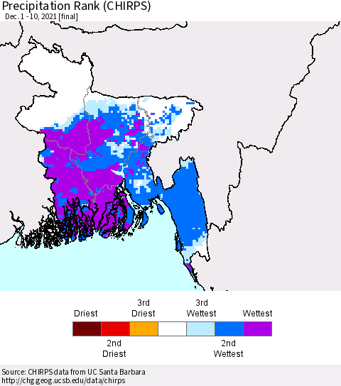 Bangladesh Precipitation Rank since 1981 (CHIRPS) Thematic Map For 12/1/2021 - 12/10/2021