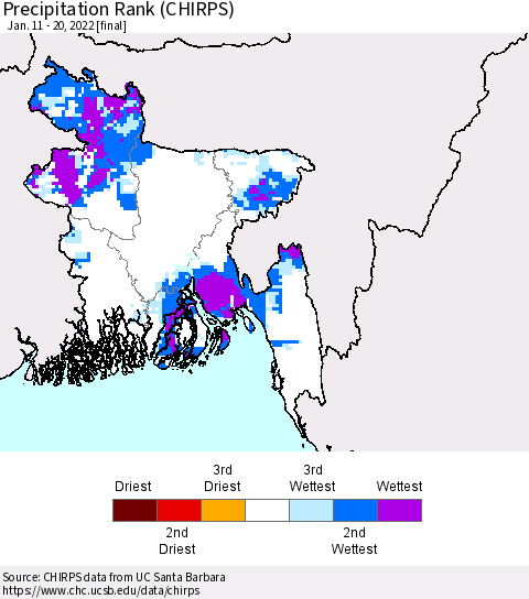 Bangladesh Precipitation Rank since 1981 (CHIRPS) Thematic Map For 1/11/2022 - 1/20/2022