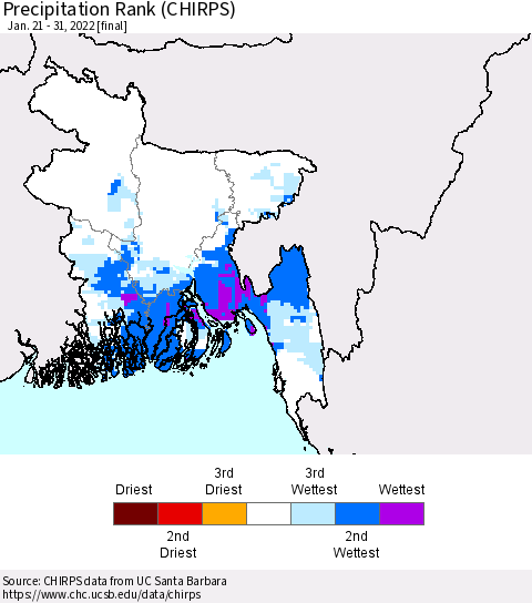 Bangladesh Precipitation Rank since 1981 (CHIRPS) Thematic Map For 1/21/2022 - 1/31/2022