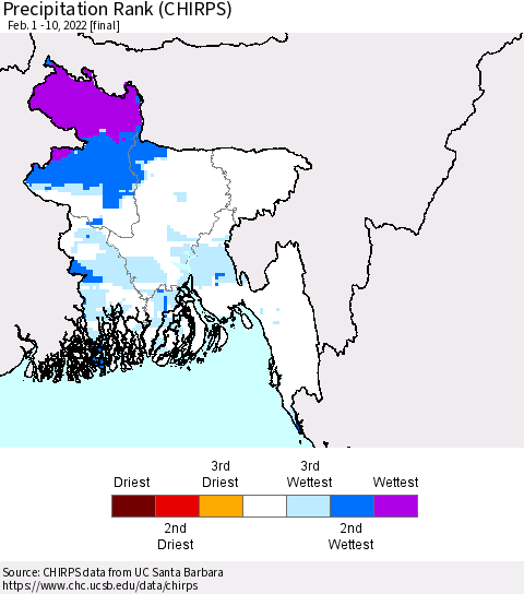 Bangladesh Precipitation Rank since 1981 (CHIRPS) Thematic Map For 2/1/2022 - 2/10/2022