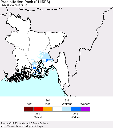 Bangladesh Precipitation Rank since 1981 (CHIRPS) Thematic Map For 2/11/2022 - 2/20/2022