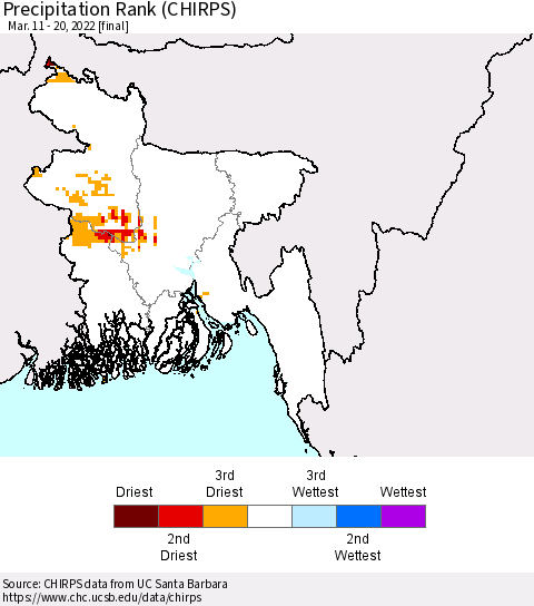 Bangladesh Precipitation Rank since 1981 (CHIRPS) Thematic Map For 3/11/2022 - 3/20/2022