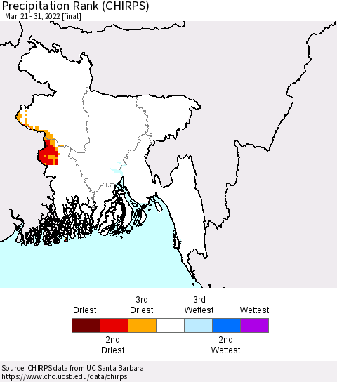 Bangladesh Precipitation Rank since 1981 (CHIRPS) Thematic Map For 3/21/2022 - 3/31/2022