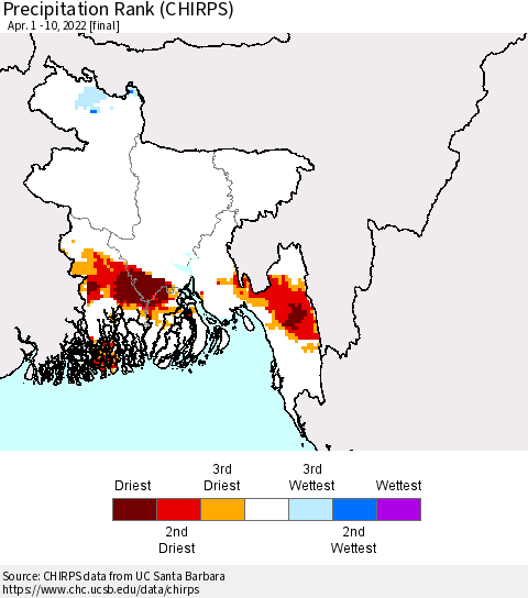 Bangladesh Precipitation Rank since 1981 (CHIRPS) Thematic Map For 4/1/2022 - 4/10/2022