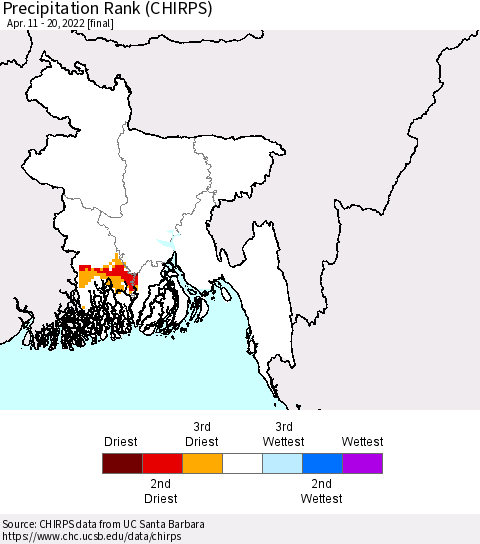 Bangladesh Precipitation Rank since 1981 (CHIRPS) Thematic Map For 4/11/2022 - 4/20/2022