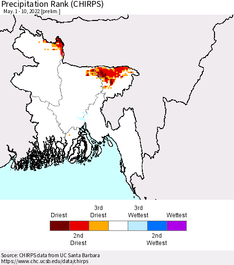 Bangladesh Precipitation Rank since 1981 (CHIRPS) Thematic Map For 5/1/2022 - 5/10/2022