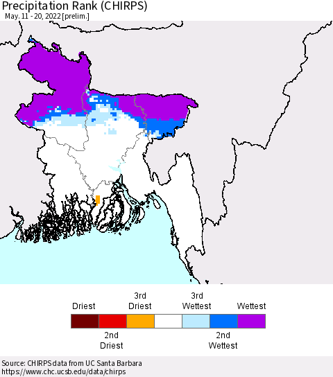 Bangladesh Precipitation Rank since 1981 (CHIRPS) Thematic Map For 5/11/2022 - 5/20/2022