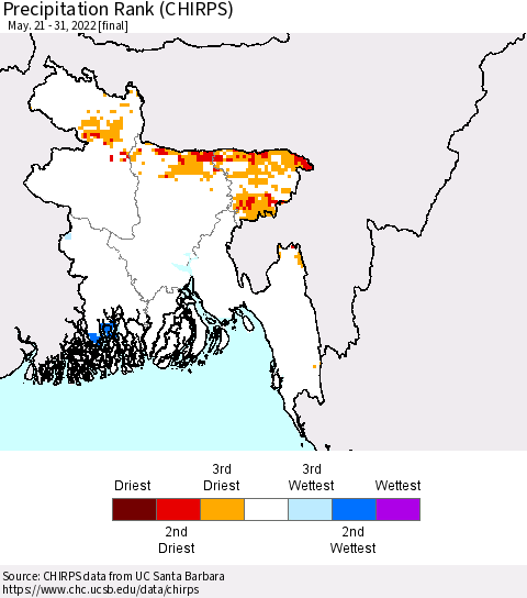 Bangladesh Precipitation Rank since 1981 (CHIRPS) Thematic Map For 5/21/2022 - 5/31/2022