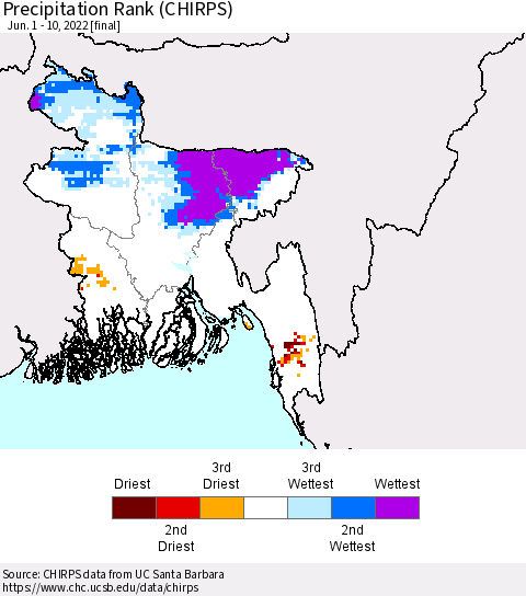 Bangladesh Precipitation Rank since 1981 (CHIRPS) Thematic Map For 6/1/2022 - 6/10/2022