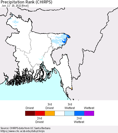 Bangladesh Precipitation Rank since 1981 (CHIRPS) Thematic Map For 6/11/2022 - 6/20/2022