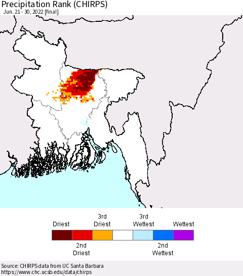 Bangladesh Precipitation Rank since 1981 (CHIRPS) Thematic Map For 6/21/2022 - 6/30/2022