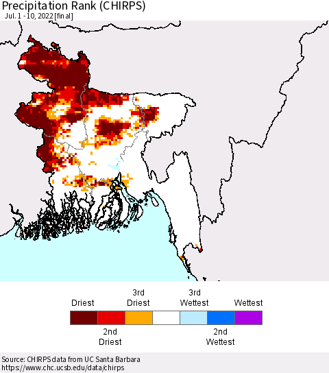 Bangladesh Precipitation Rank since 1981 (CHIRPS) Thematic Map For 7/1/2022 - 7/10/2022