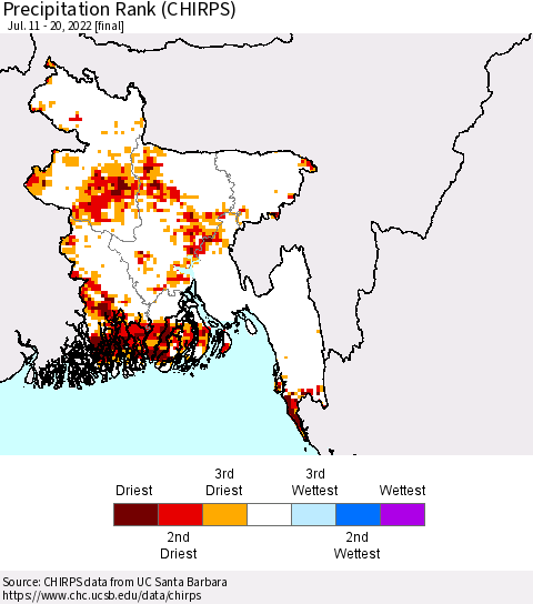 Bangladesh Precipitation Rank since 1981 (CHIRPS) Thematic Map For 7/11/2022 - 7/20/2022