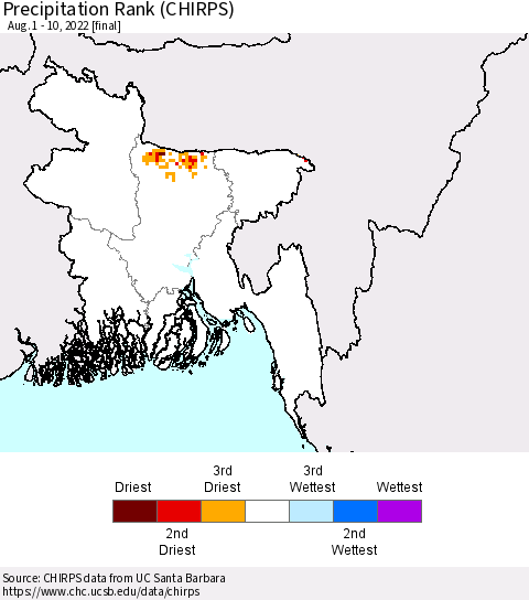 Bangladesh Precipitation Rank since 1981 (CHIRPS) Thematic Map For 8/1/2022 - 8/10/2022