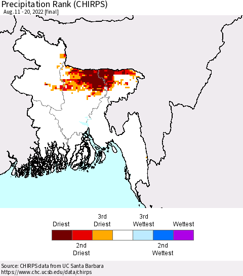 Bangladesh Precipitation Rank since 1981 (CHIRPS) Thematic Map For 8/11/2022 - 8/20/2022