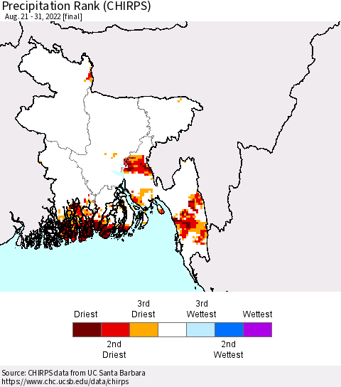 Bangladesh Precipitation Rank since 1981 (CHIRPS) Thematic Map For 8/21/2022 - 8/31/2022