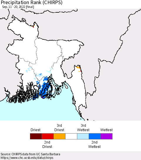 Bangladesh Precipitation Rank since 1981 (CHIRPS) Thematic Map For 9/11/2022 - 9/20/2022