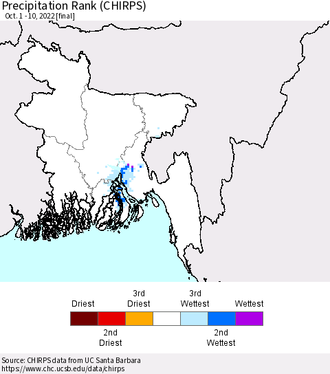 Bangladesh Precipitation Rank since 1981 (CHIRPS) Thematic Map For 10/1/2022 - 10/10/2022
