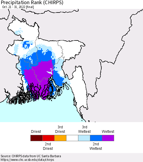 Bangladesh Precipitation Rank since 1981 (CHIRPS) Thematic Map For 10/21/2022 - 10/31/2022