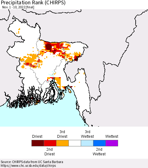 Bangladesh Precipitation Rank since 1981 (CHIRPS) Thematic Map For 11/1/2022 - 11/10/2022