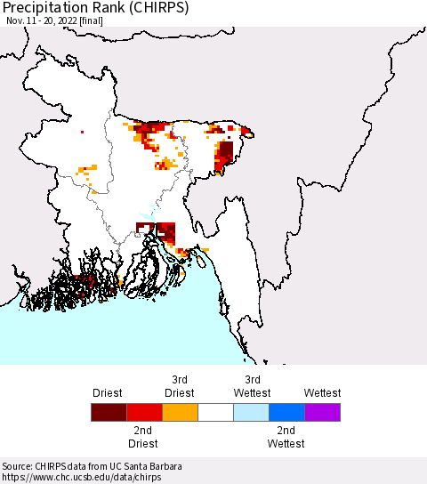 Bangladesh Precipitation Rank since 1981 (CHIRPS) Thematic Map For 11/11/2022 - 11/20/2022