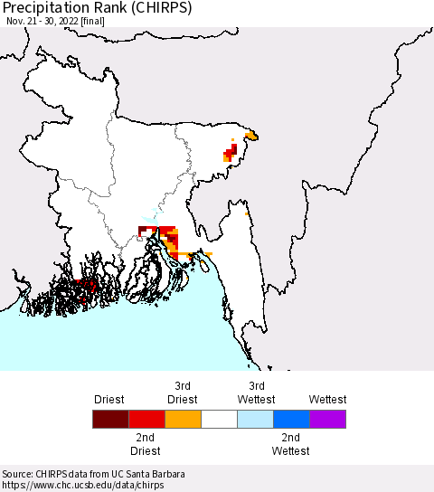 Bangladesh Precipitation Rank since 1981 (CHIRPS) Thematic Map For 11/21/2022 - 11/30/2022