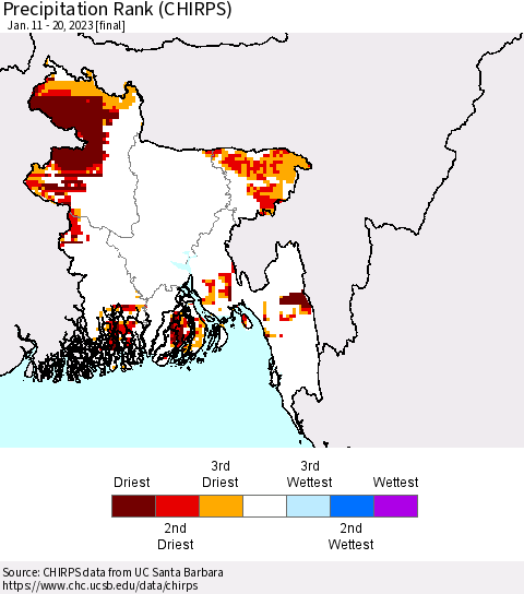 Bangladesh Precipitation Rank since 1981 (CHIRPS) Thematic Map For 1/11/2023 - 1/20/2023
