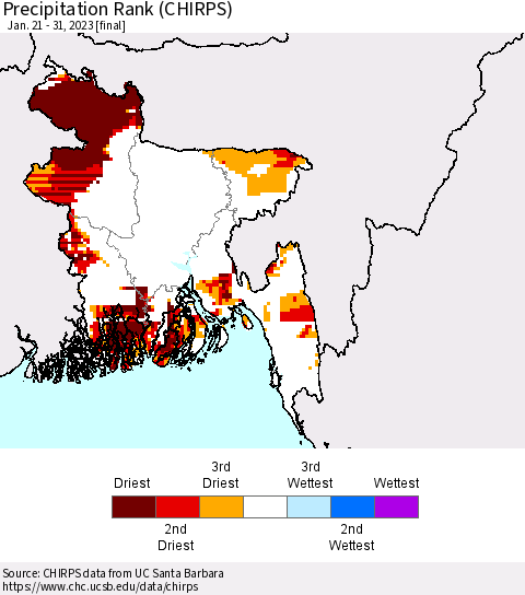 Bangladesh Precipitation Rank since 1981 (CHIRPS) Thematic Map For 1/21/2023 - 1/31/2023