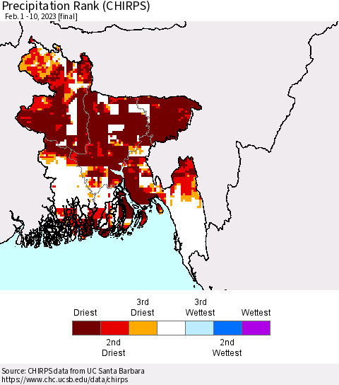 Bangladesh Precipitation Rank since 1981 (CHIRPS) Thematic Map For 2/1/2023 - 2/10/2023