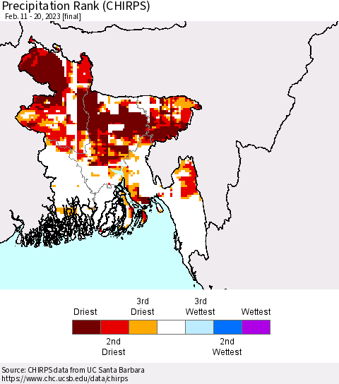Bangladesh Precipitation Rank since 1981 (CHIRPS) Thematic Map For 2/11/2023 - 2/20/2023