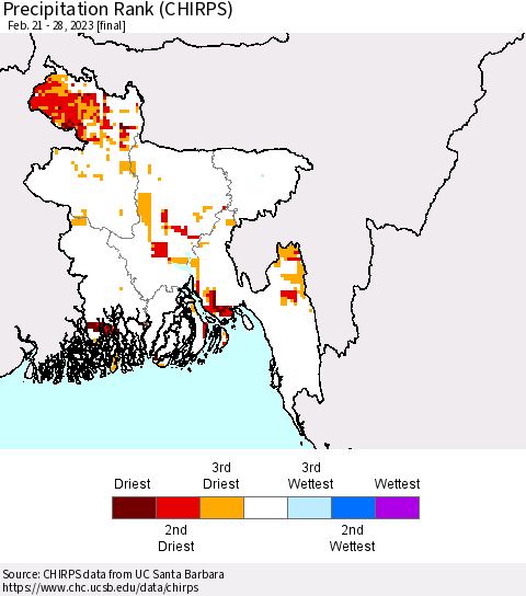 Bangladesh Precipitation Rank since 1981 (CHIRPS) Thematic Map For 2/21/2023 - 2/28/2023